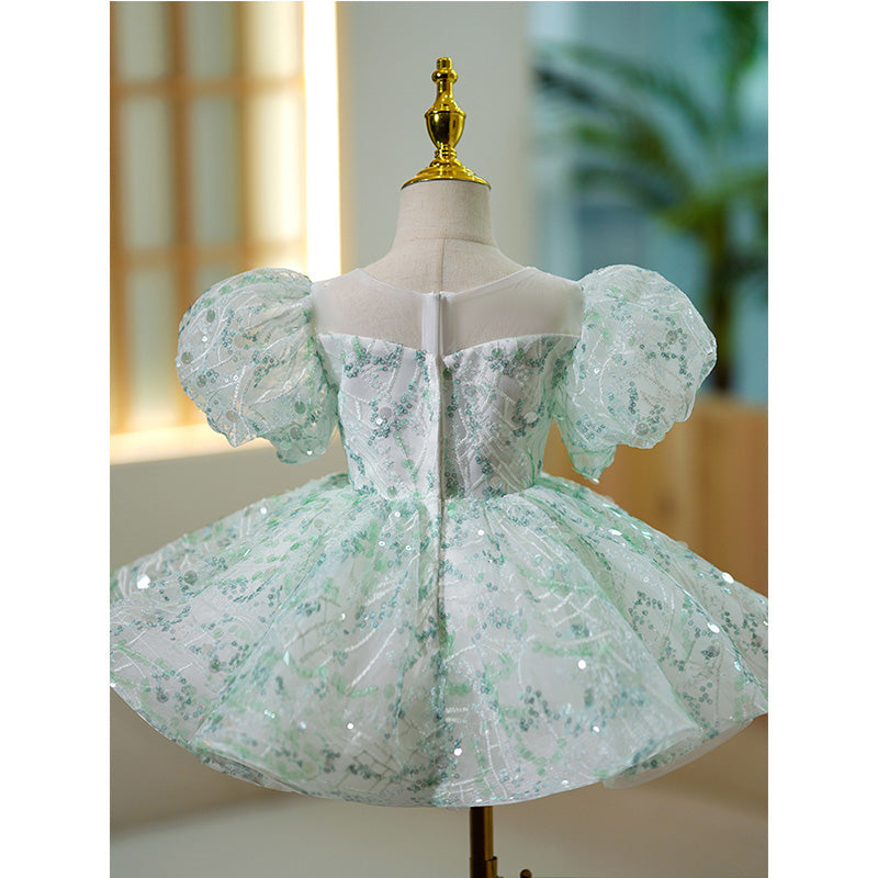 Sparkling Mint Green Sequin Flower Girl Dress with Puff Sleeves - Perfect for Weddings, Pageants & Special Occasions