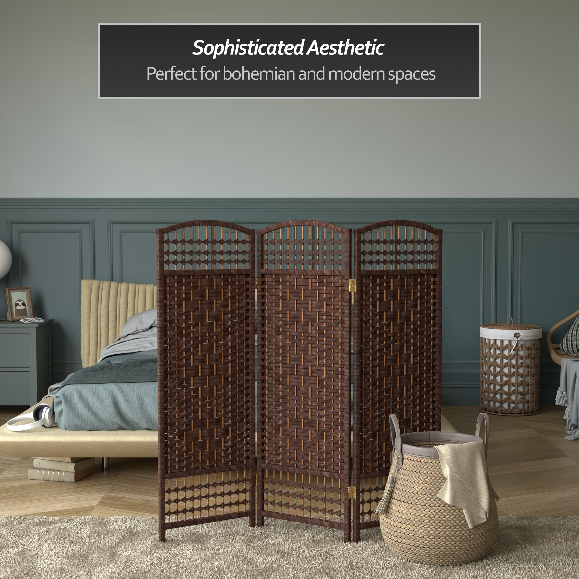 4 ft. Dark Mocha Short Fiber Weave Folding Room Divider - 3 Panel Privacy Screen for Home, Office, or Event Space - Perfect for Partitioning Living Rooms, Bedrooms, and Workspaces
