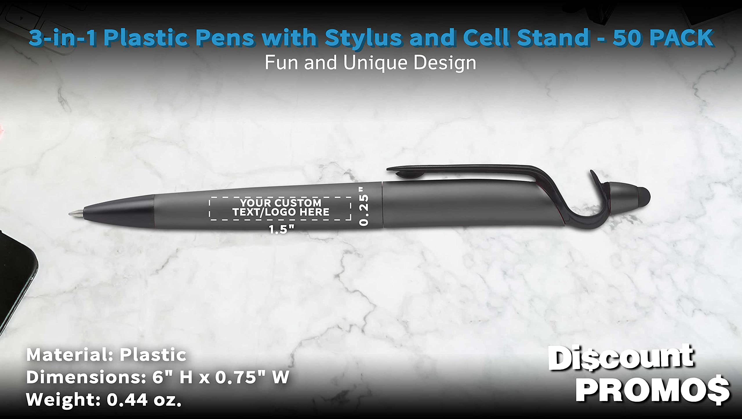3-in-1 Multi-Function Stylus Pen with Phone Stand - 50 Pack Bulk Ballpoint Pens with Black Ink - Custom Text & Logo Printing - Ideal for Office, School & Business Promotions