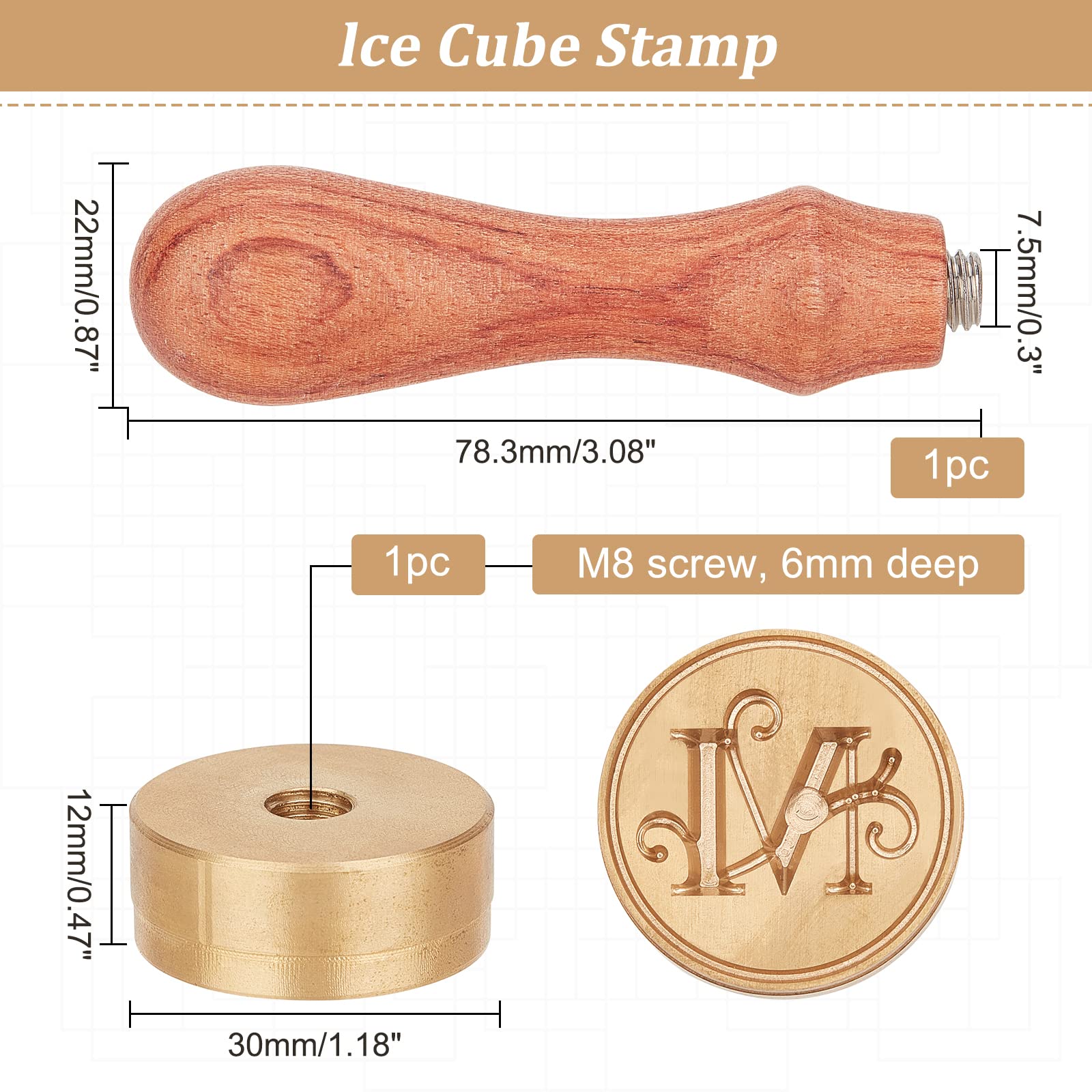 OLYCRAFT 1.2 Inch Letter M Ice Cube Stamp - Brass Head & Wood Handle for Cocktail Whisky Ice Branding - DIY Ice Cube Maker for Home Bars, Parties & Crafting - Perfect for Cocktails, Whiskey, Beverages & Creative Ice Designs
