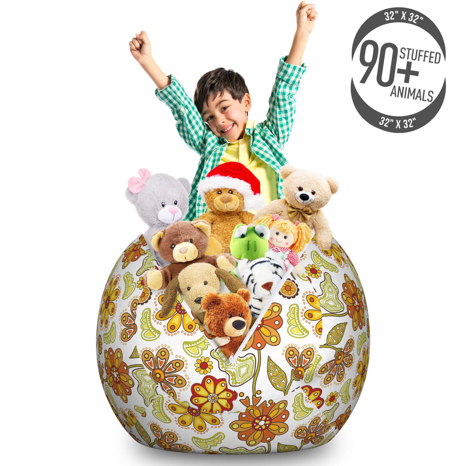 Ambesonne Floral Storage Toy Bag Chair - Large Cartoon Style Colorful Flowers Stuffed Animal Organizer, Washable Mustard Vermilion White Bag for Kids' Room & Playroom Organization