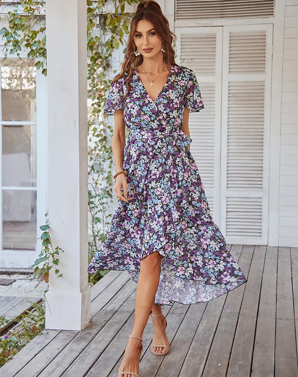 Women's Floral Summer Dress - V Neck Bohemian Short Sleeve Beach Maxi Dress | Perfect for Vacation, Beach Outings & Casual Wear