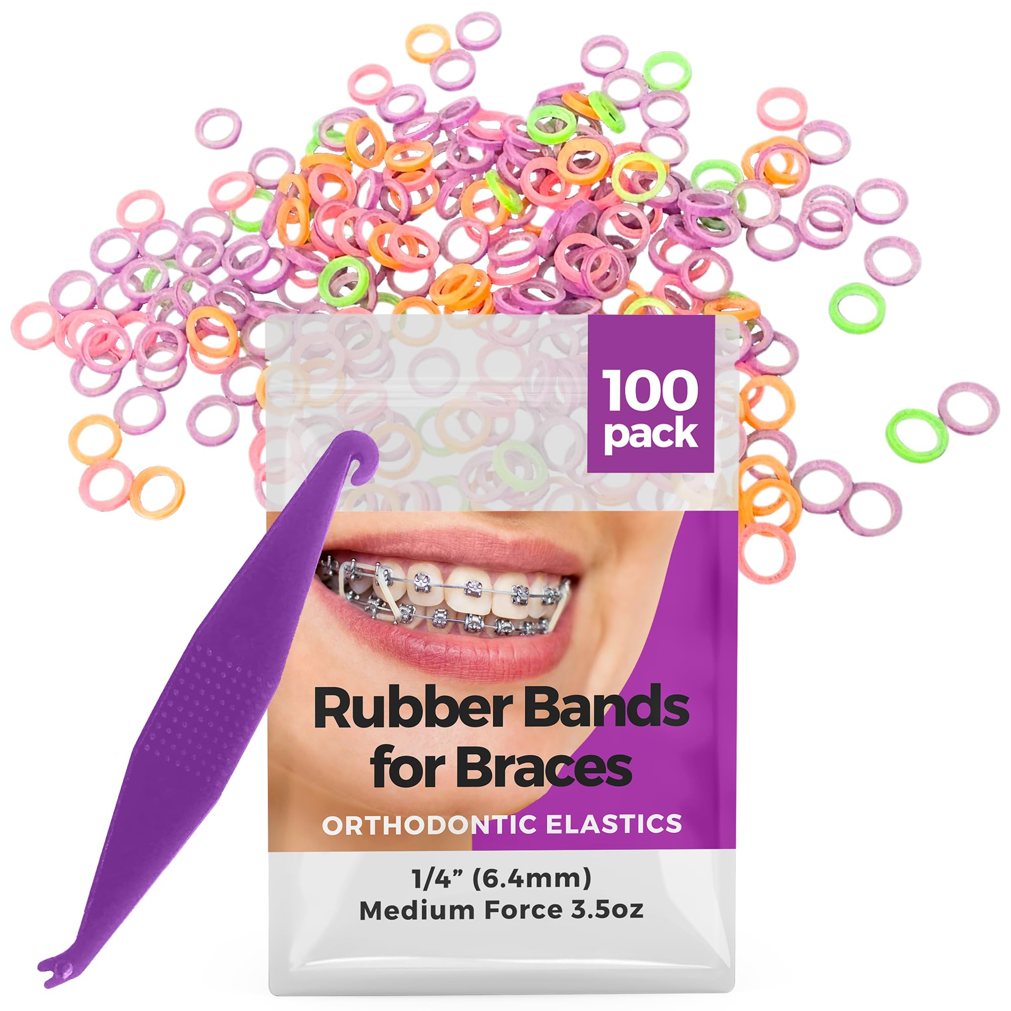 1/4 Inch Orthodontic Elastic Rubber Bands - 100 Pack, Neon Colors, Medium Force 3.5 oz - Dental Braces Bands for Teeth Gap Fixing, Dreadlock Hair Ties, Includes 1 Elastic Placer - Perfect for Braces, DIY Hair Styling & Dental Care
