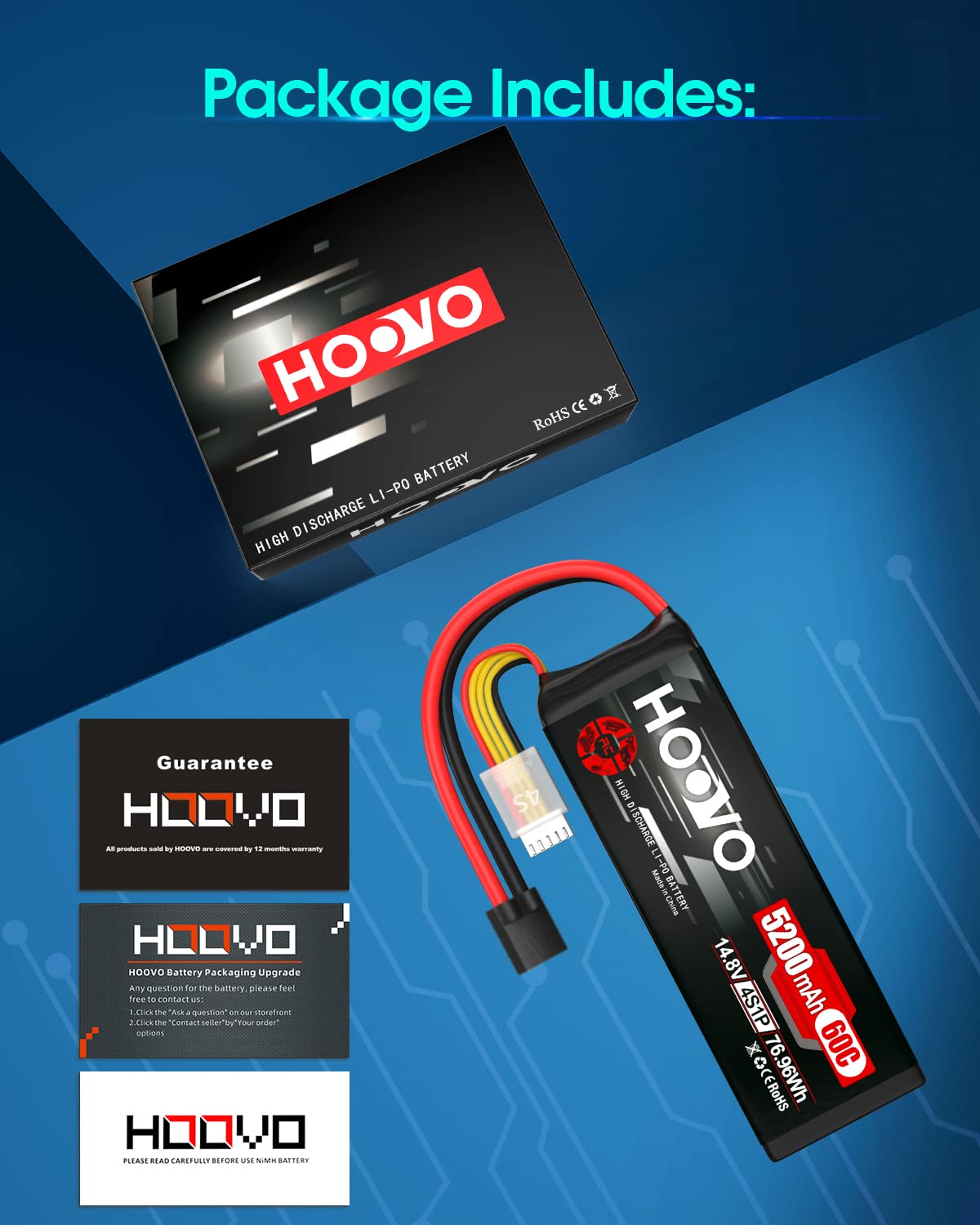 HOOVO 14.8V 5200mAh 60C 4S Lipo Battery with XT60 Connector - High Performance Rechargeable Battery for RC Helicopter, Airplane, Drone, Quadcopter, Boat - Perfect for Long Flight Time and Extreme RC Hobby Activities