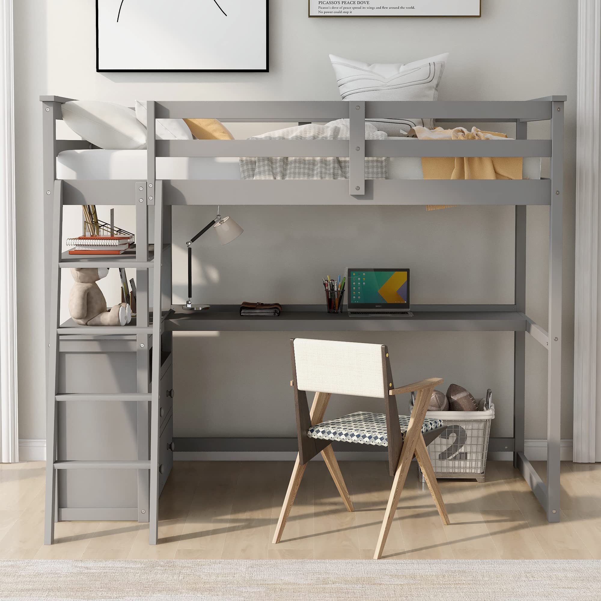 **Merax Twin Size Loft Bed with Desk & Storage - Wooden Loft Bed Frame with Shelves, 2 Built-in Drawers - Space-Saving Grey Loft Bed for Kids, Teens & Small Rooms - Perfect for Dorms, Apartments & Bedrooms**