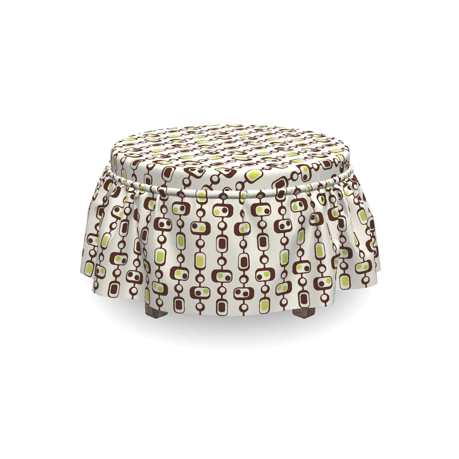 Ambesonne Geometric Ottoman Cover Slipcover Set - 2 Piece Rectangle Design with Ruffle Skirt for Square/Round Footstools | Standard Size in Apple Green, Chestnut Brown & Cream | Perfect for Living Room, Bedroom & Home Decor