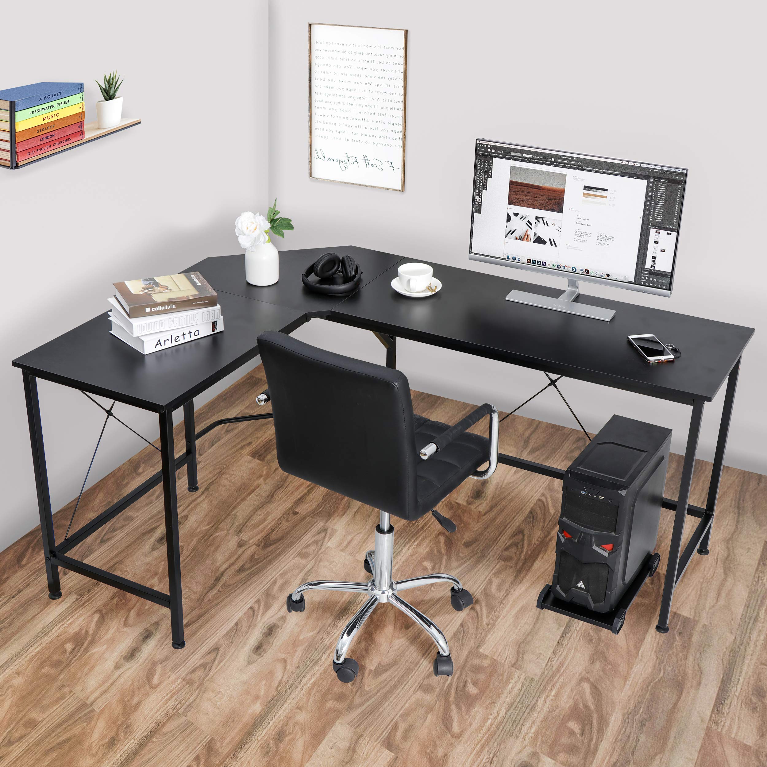 HomGarden L-Shaped Computer Desk - Modern Corner Workstation for PC & Laptop, Sturdy Wood Desktop with Metal Frame (Black) - Perfect for Home Office, Gaming & Study Spaces
