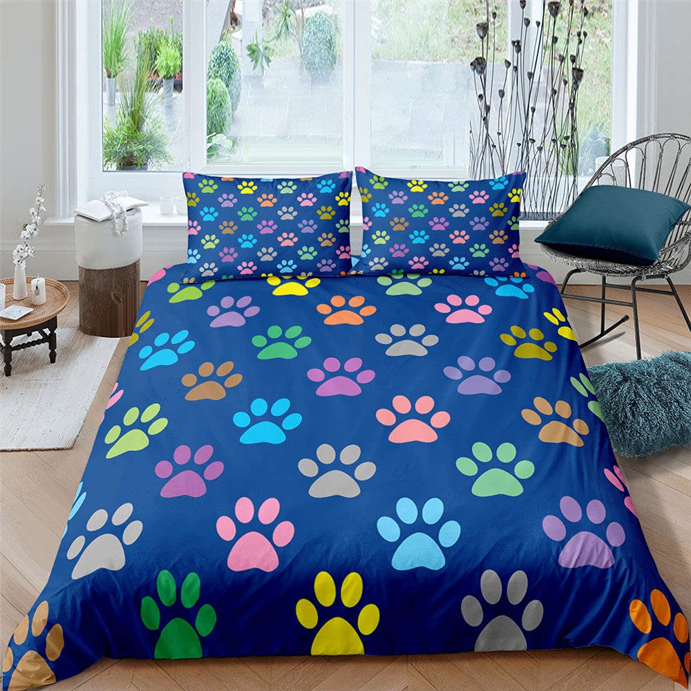 Cat Paw Print Bedding Set - Animal Footprint Quilt Cover with Pillowcases - Cartoon Kids & Boys Comforters - Blue Twin/Full/Queen/King Size (3pc, 200x229cm) - Perfect for Kids' Rooms, Teen Bedrooms & Pet Lover Home Decor