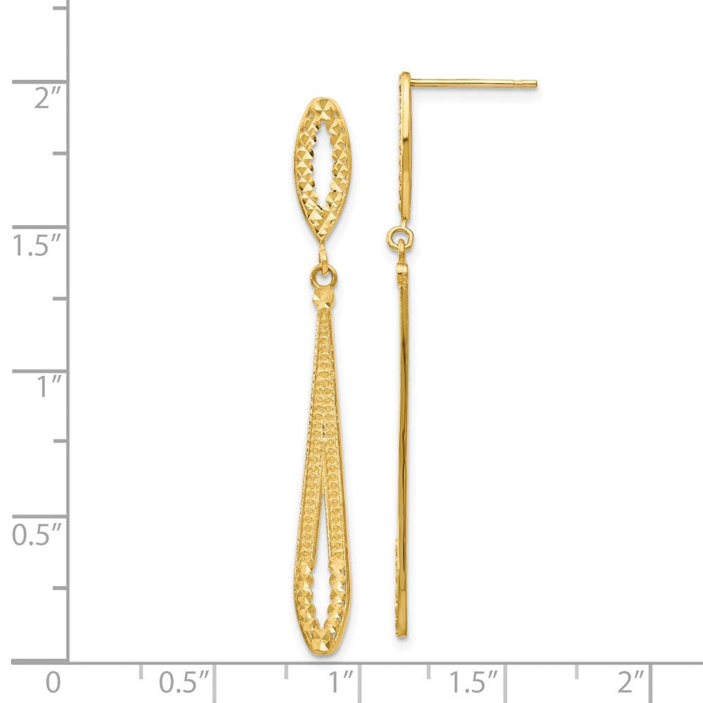 14k Yellow Gold Black Bow Long Textured Diamond-cut Dangle Post Earrings for Elegant Evening Events