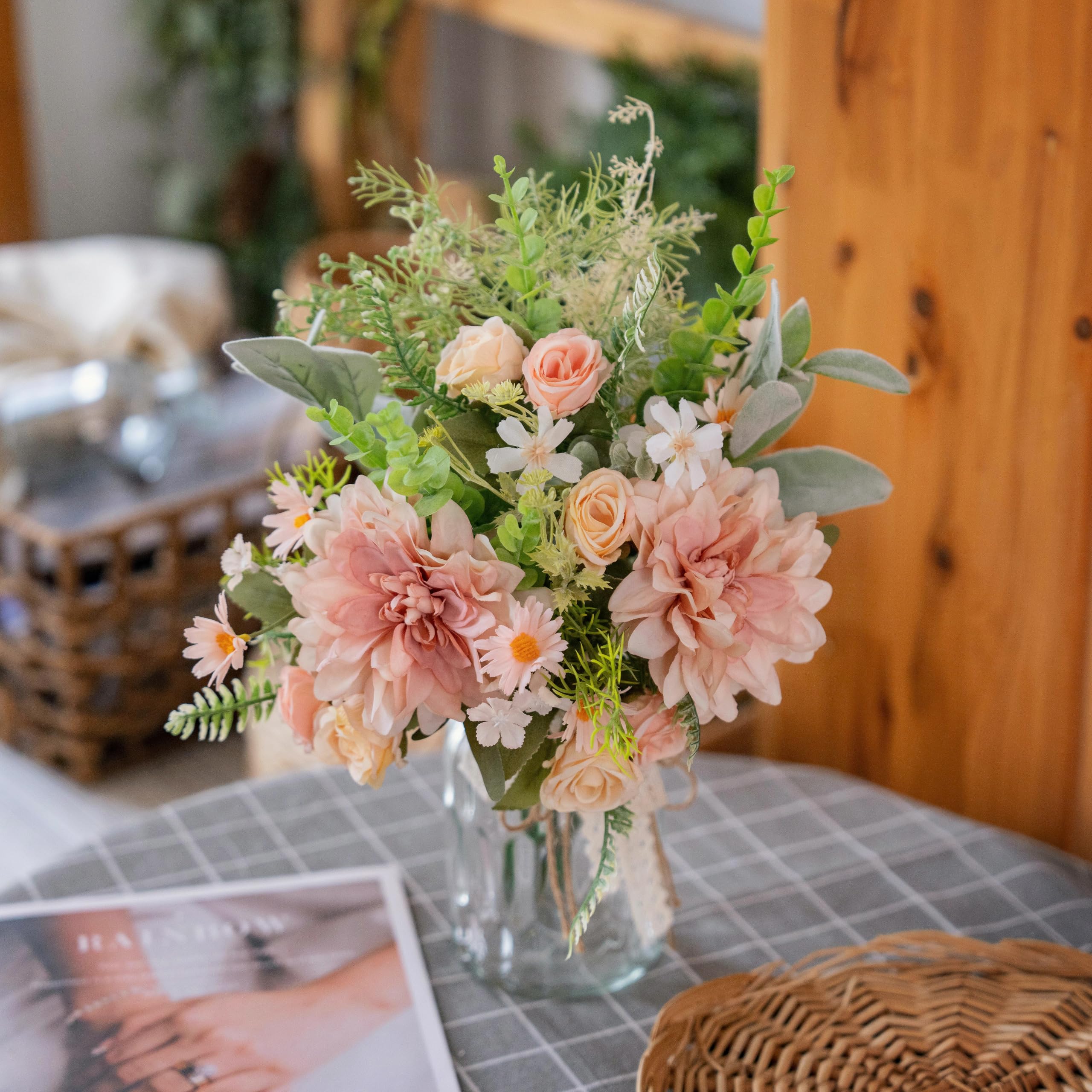 LUEUR Artificial Silk Rose and Hydrangea Bouquet in Vase - Pink Dahlia Floral Arrangement for Home Decor, Wedding Centerpiece, Spring Table Decorations | Perfect for Living Room, Dining Table, Office Desk Decor