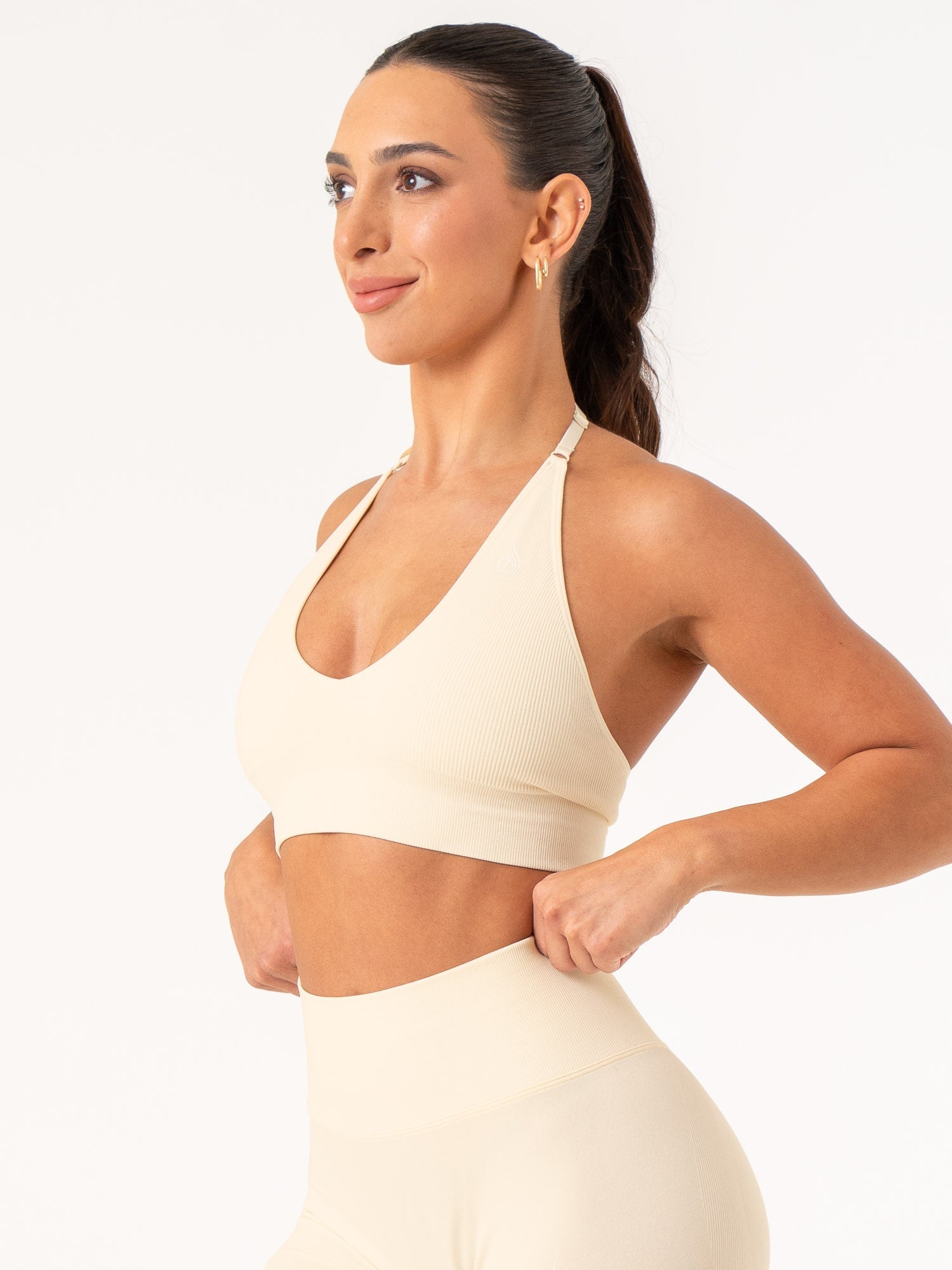 Lift Rib Seamless Halter Sports Bra for Women - Comfortable Workout & Yoga Top - Vanilla Color - Perfect for Gym, Running, and Active Wear