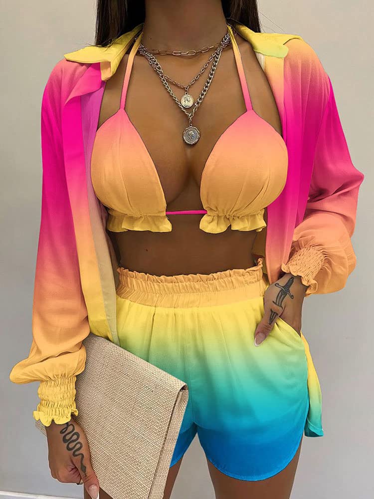 Women's Hawaiian 3-Piece Outfit Set - Floral Print Blouse, Casual Mini Shorts & Tank Top | Summer Beachwear, Vacation Outfit, Tropical Party Dress