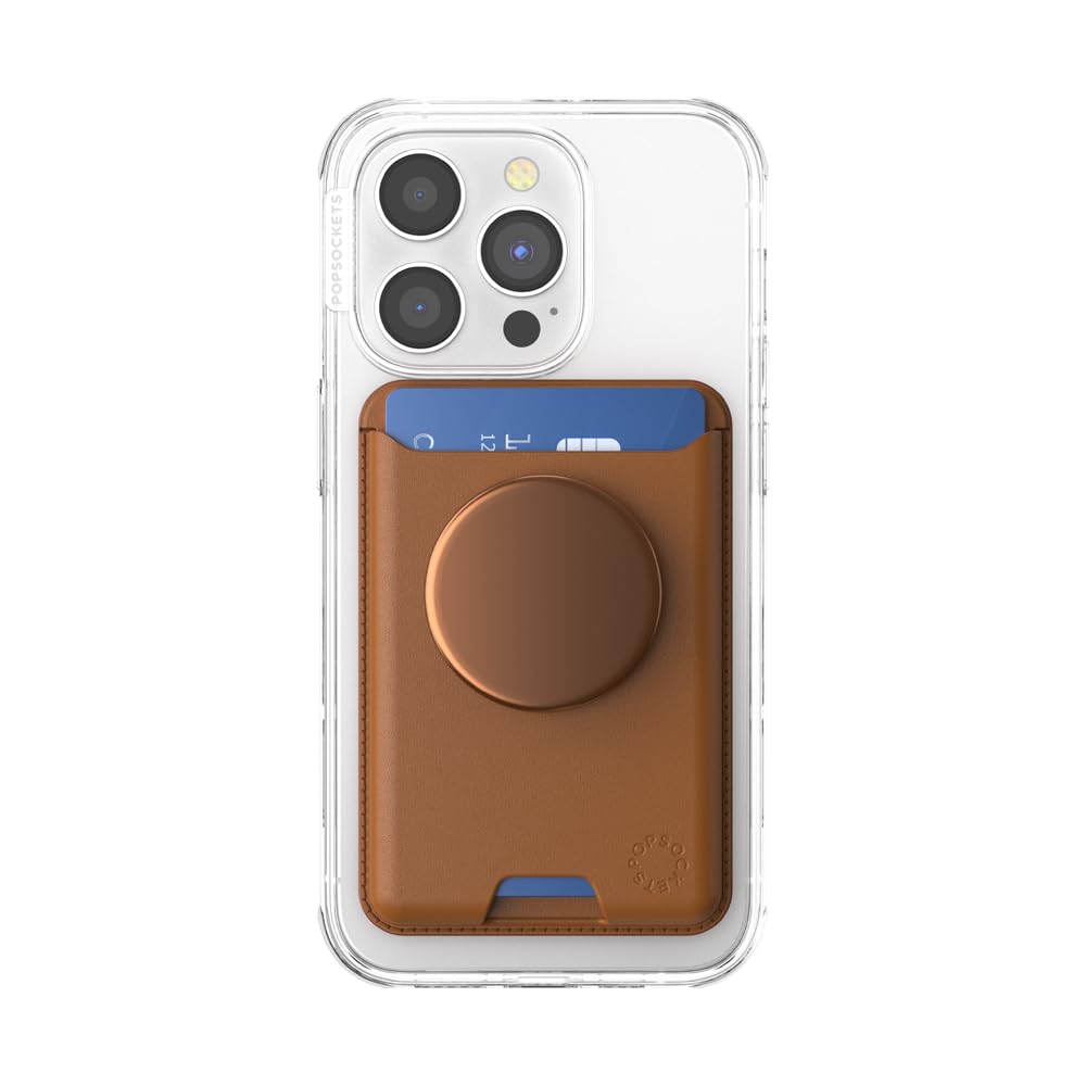PopSockets Softgoods Phone Wallet with Expanding Grip & MagSafe Adapter Ring - Slim Card Holder for iPhone, Wireless Charging Compatible, Cognac Leather - Perfect for Travel, Commuting & Hands-Free Use