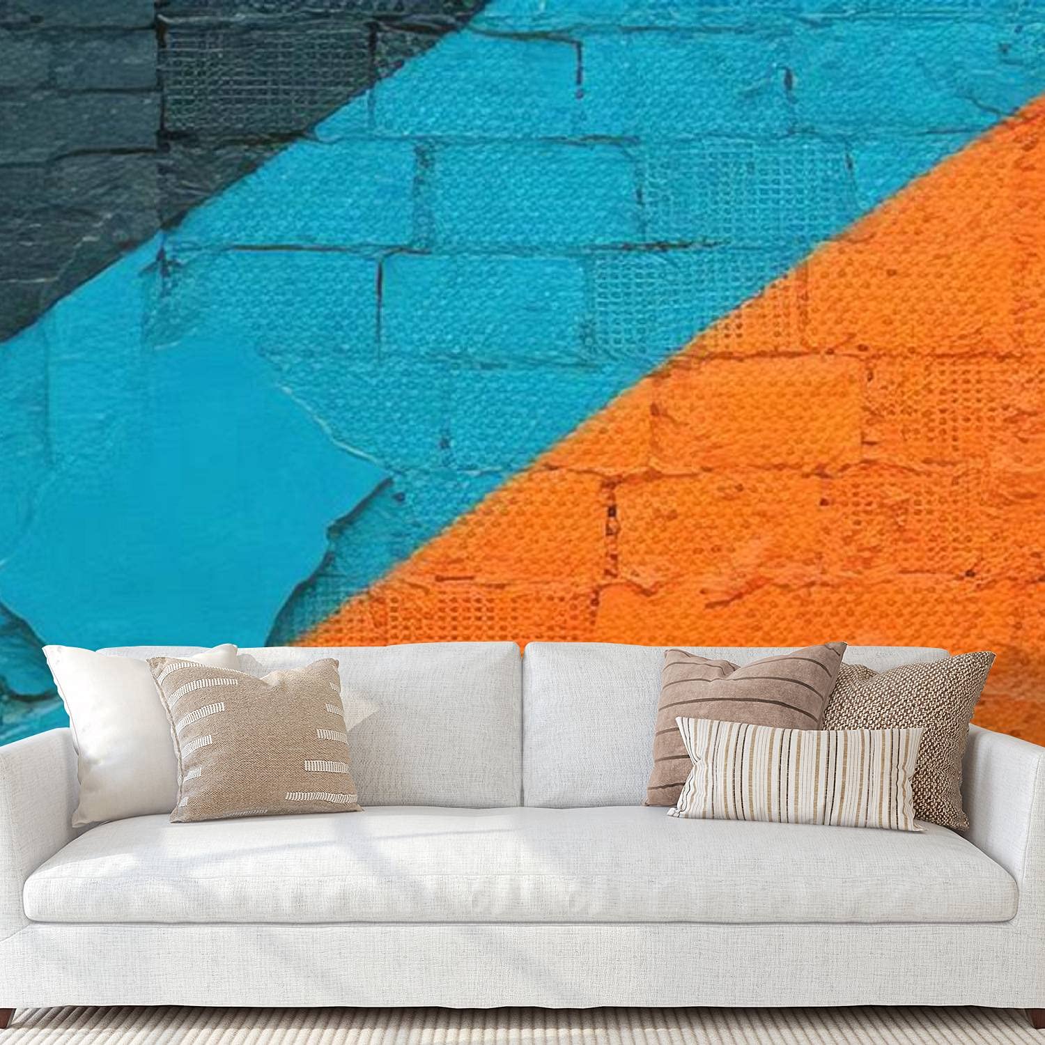 Modern Peel and Stick Wall Mural - Self Adhesive Canvas Wallpaper in Grey, Blue & Orange Brick Pattern - 100x144