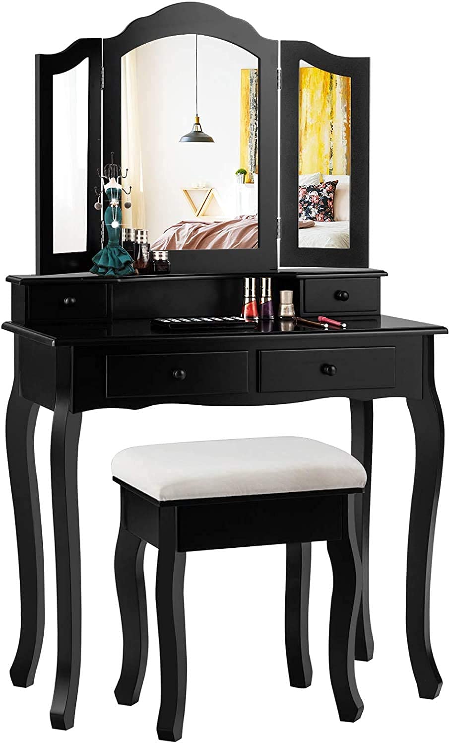 MAT EXPERT Vanity Desk Set with Mirror and Drawer - Modern Dressing Table with Cushioned Stool & 4 Storage Drawers - Tri-Folding Mirror Makeup Vanity for Bedroom, Bathroom, Nursery - Perfect for Daily Beauty Routine & Home Decor (Black)