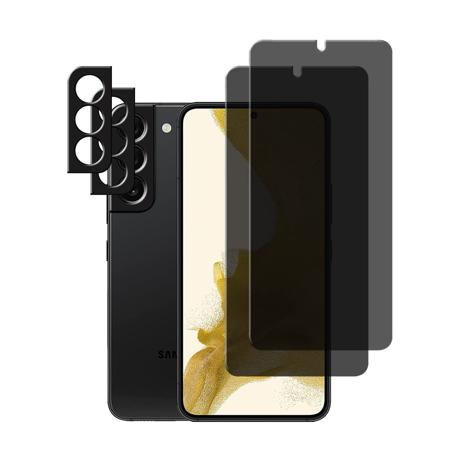 [2+2 Pack] Samsung Galaxy S22 Screen Protector & Camera Lens Protector - Premium Tempered Glass, Bubble-Free, Fingerprint ID Compatible for 6.2 Inch - Perfect for Privacy Protection & Scratch Resistance (Black) | Ideal for Daily Use, Travel & Outdoor Activities