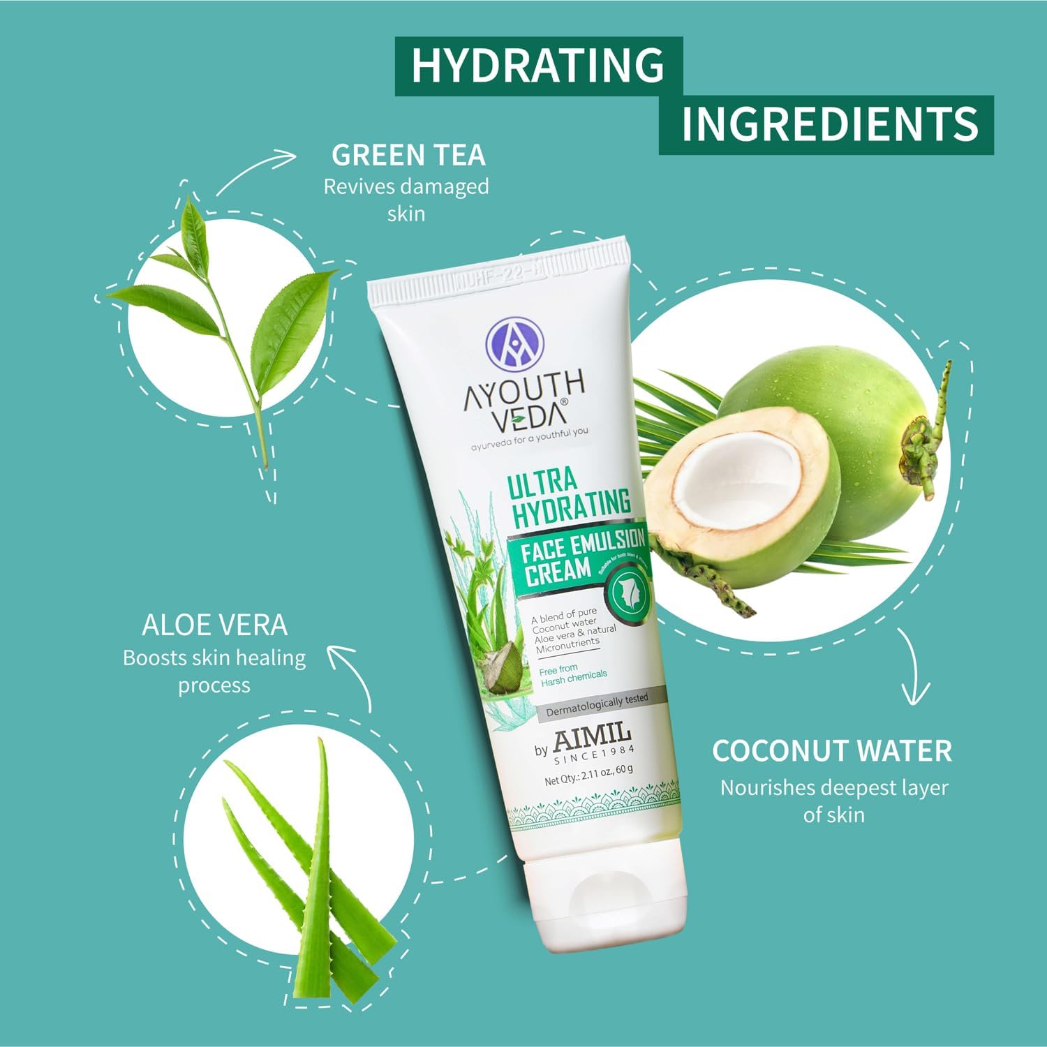 Nutranix TNA Ultra Hydrating Face Emulsion Cream with Coconut Water, Aloe Vera & Green Tea - Long Lasting Moisturizer for Dry Skin, Brightening Cream to Reduce Dark Spots & Blemishes, Pack of 5 (60g Each) | Perfect for Daily Skincare Routine, Morning & Night Use