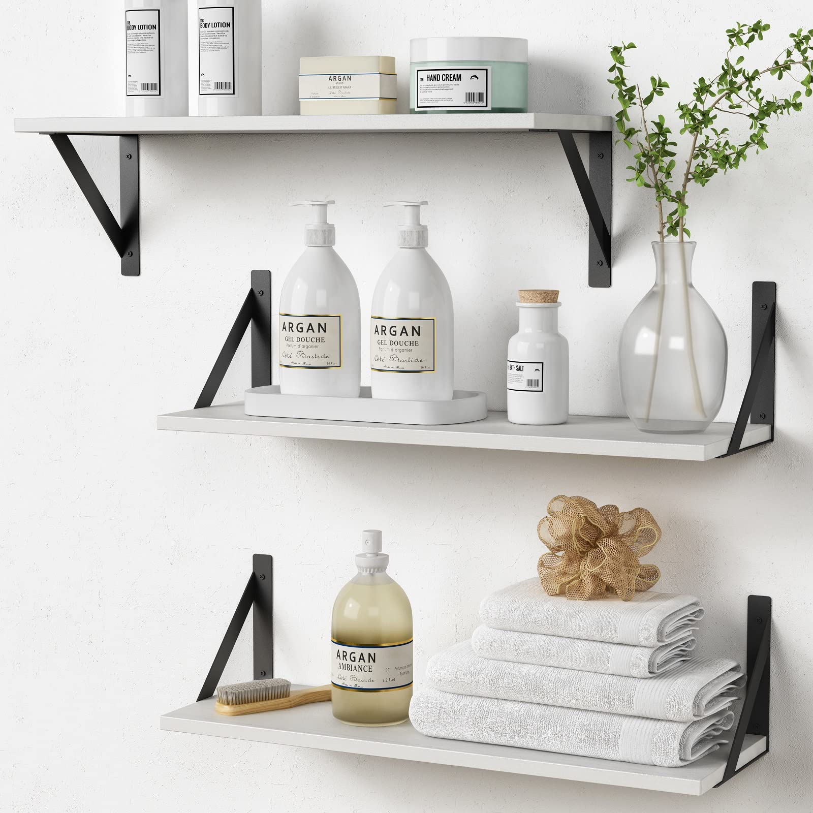 White Floating Shelves 24 Inches - Set of 3 Modern Wood Wall Mounted Storage Shelves (24x8 Inch) for Bathroom, Bedroom, Living Room, Kitchen, Office & Closet - Perfect for Towels, Books, Decor & Organizing Small Spaces