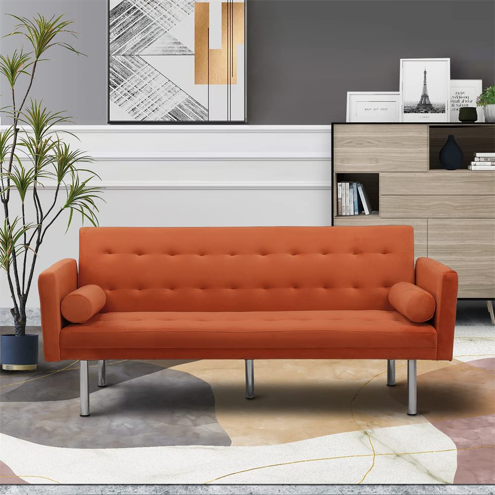 Velvet Convertible Futon Sofa Bed with 2 Pillows - Modern Tufted Sleeper Couch with Adjustable Backrest & Metal Legs - Twin Size Loveseat for Small Spaces, Apartments & Dorms - Perfect for Living Rooms, Guest Rooms & Studio Apartments - Orange
