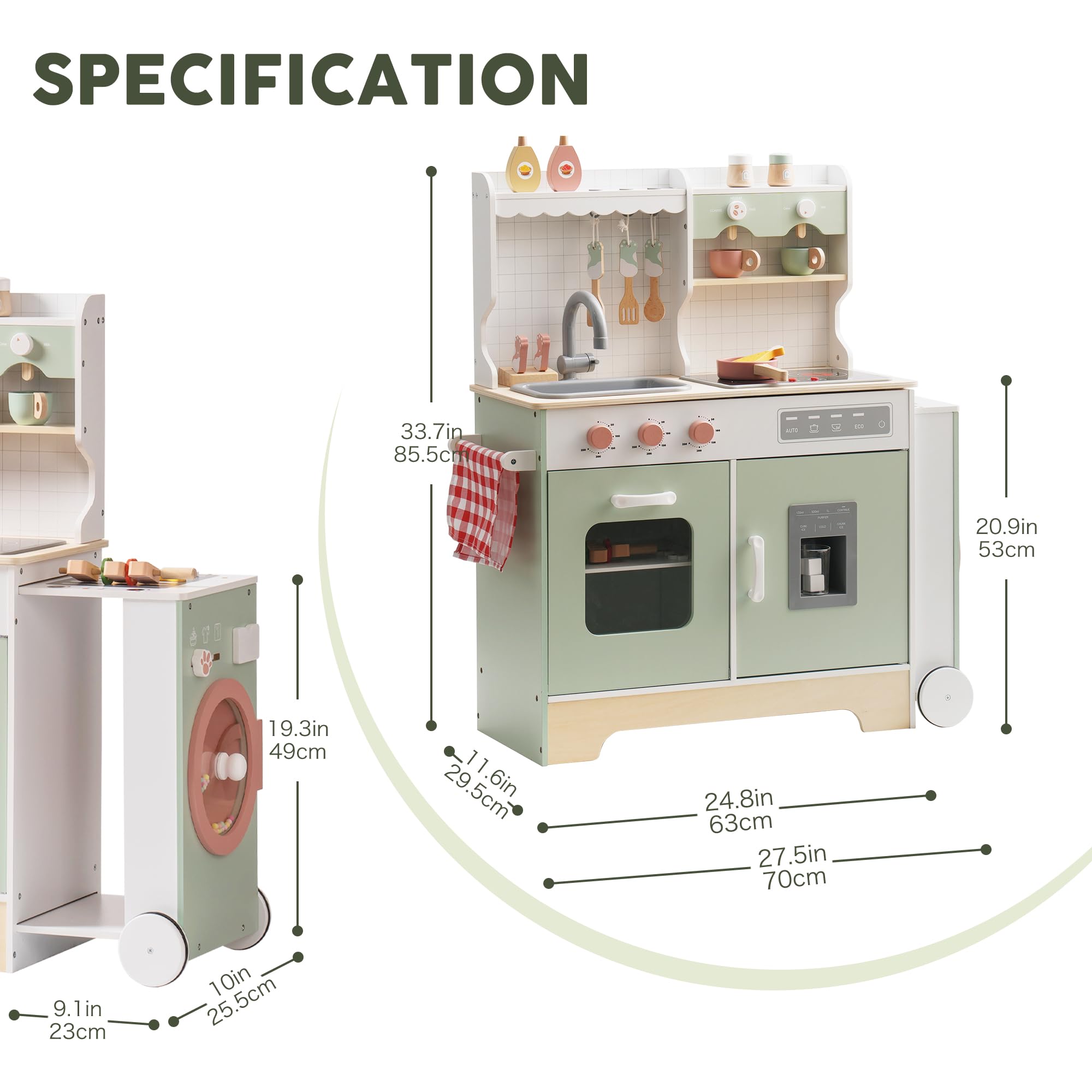 ROBUD Wooden Play Kitchen Set for Kids & Toddlers - Pretend Play Toy Kitchen with BBQ Grill, Ice Maker, Coffee Machine & Accessories - Interactive Kitchen Playset with Lights & Sounds - Perfect Gift for Boys & Girls Ages 3+ - Great for Imaginative Play, Role-Playing & Early Learning Development