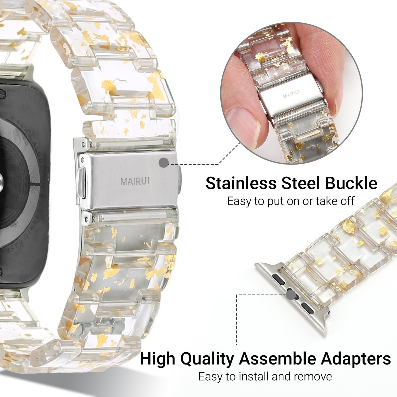 MAIRUI Resin Watch Band Compatible with Apple Watch Series 9/8/7/6/SE/5/4/3/2/1/Ultra/Ultra 2 - Slim Strap Bracelet for Women & Men (49mm/45mm/44mm/42mm, Transparent Gold-Glint) | Perfect for Workouts, Daily Wear & Fashion Accessories