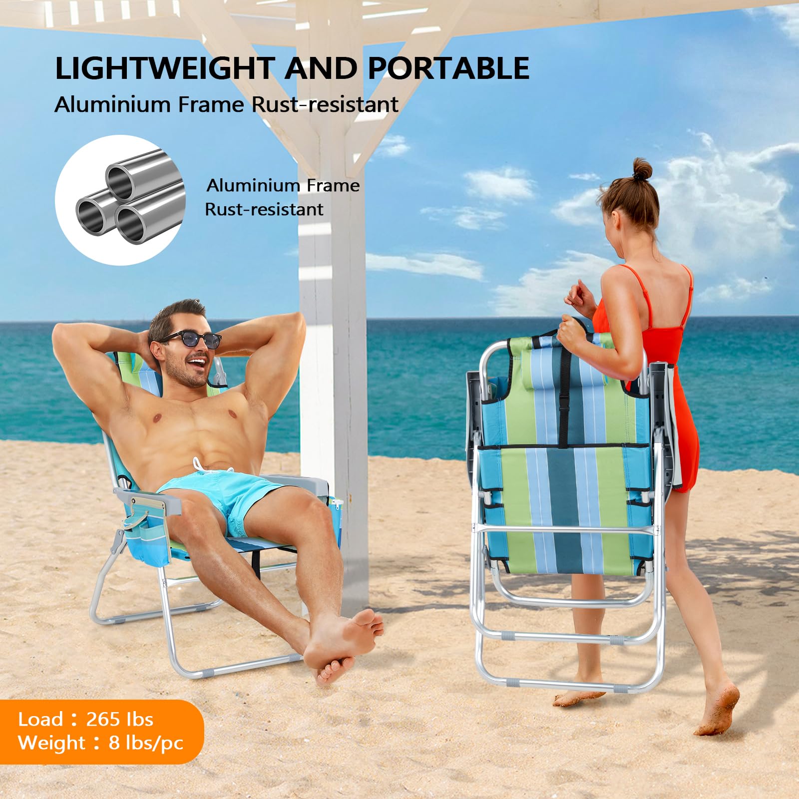 VINGLI 2 Pack Tall Beach Chairs with 5-Position Recline, Cooler Bag, Cup Holders & Towel Bar - Lightweight Folding Camping Chairs for Adults (Blue/Green) - Perfect for Beach, Poolside, Backyard, Camping & Outdoor Relaxation