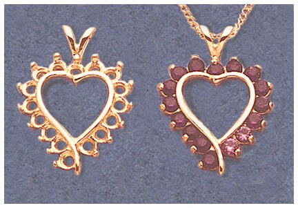 Solid Sterling Silver or 14k Gold 16 Stone Fancy Heart Pendant Setting - 2.25mm Round Gemstone Jewelry - Handcrafted in USA (161244/141244) - Perfect for Valentine's Day Gifts & Anniversary Presents