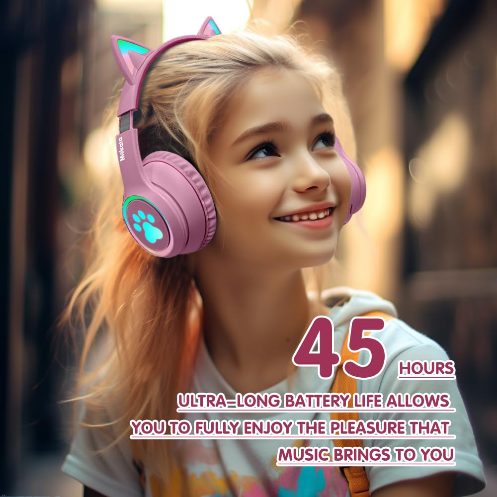 Wireless Bluetooth 5.3 Cat Ear Headphones with LED Lights - 60H Playtime, Foldable Over-Ear Gaming Headset with Mic & 3.5mm Aux - Compatible with PC, TV, Tablet, Laptop, Smartphone - Perfect for Gaming, Music, Work & Travel (Pink)
