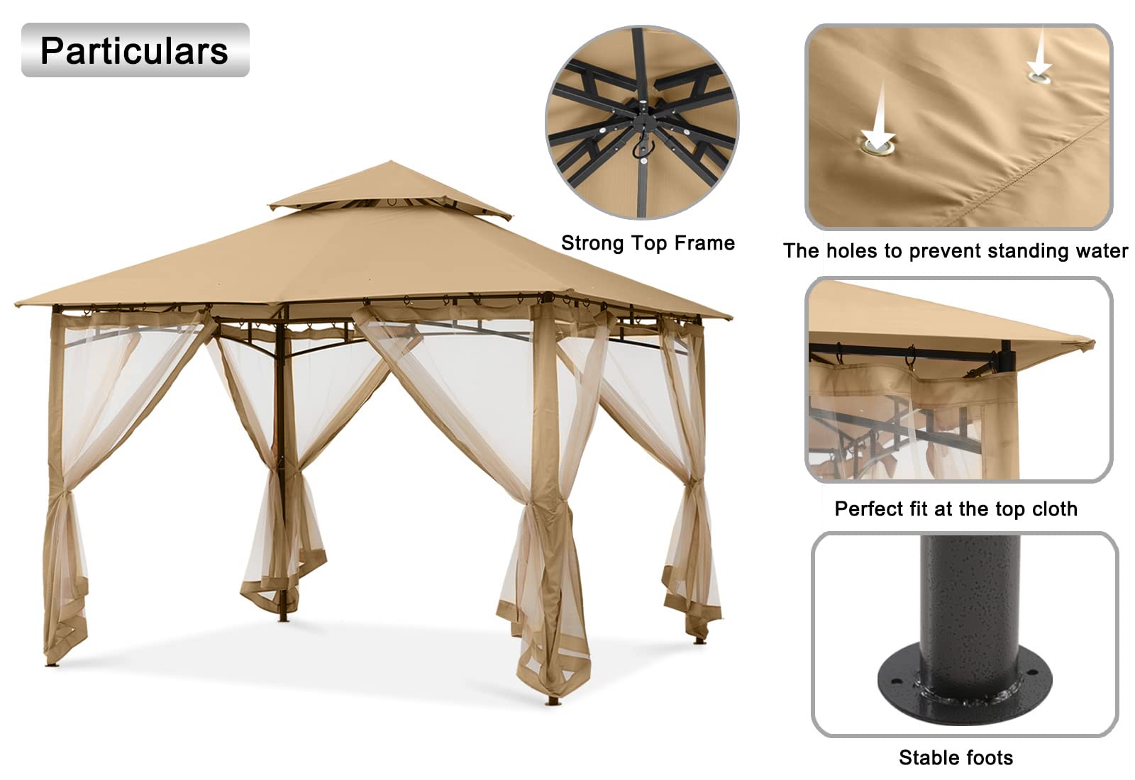 MASTERCANOPY 8x8 Beige Outdoor Garden Gazebo with Sturdy Steel Frame & Mesh Netting Walls - Perfect for Patios, Backyards, BBQs, and Outdoor Relaxation