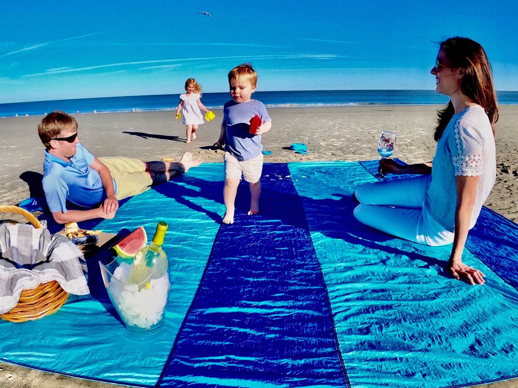Extra Large 10ft x 9ft Sandproof Waterproof Quick Dry Beach Blanket for 1-8 Adults - Includes 4 Metal Stakes, Corner Pockets, Secure Clip & Carry Bag - Perfect for Beach Picnics, Camping, Park Outings and Outdoor Adventures