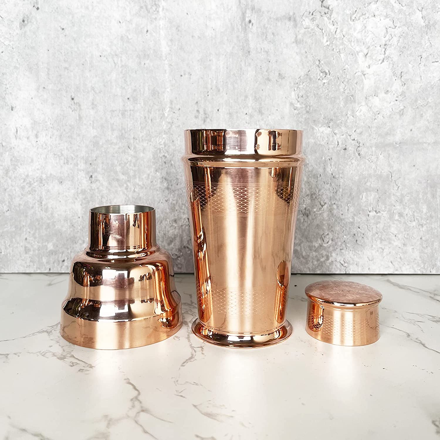 Vintage Inspired Copper & Brass Cocktail Shaker Set with Jigger - 1900s Art Deco Style Barware - Engine Turn Pattern for Classic Cocktails & Home Mixology