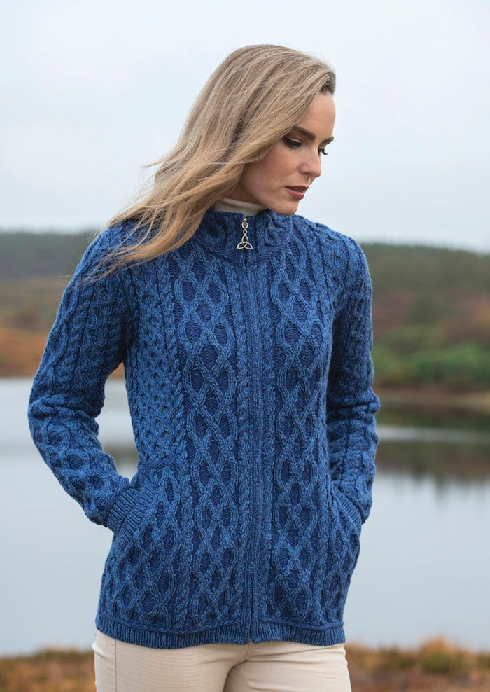Aran Crafts Yeats Plated Zip Cardigan for Women - Classic Blue Knitted Sweater | Perfect for Fall & Winter, Office Wear, Casual Outfits