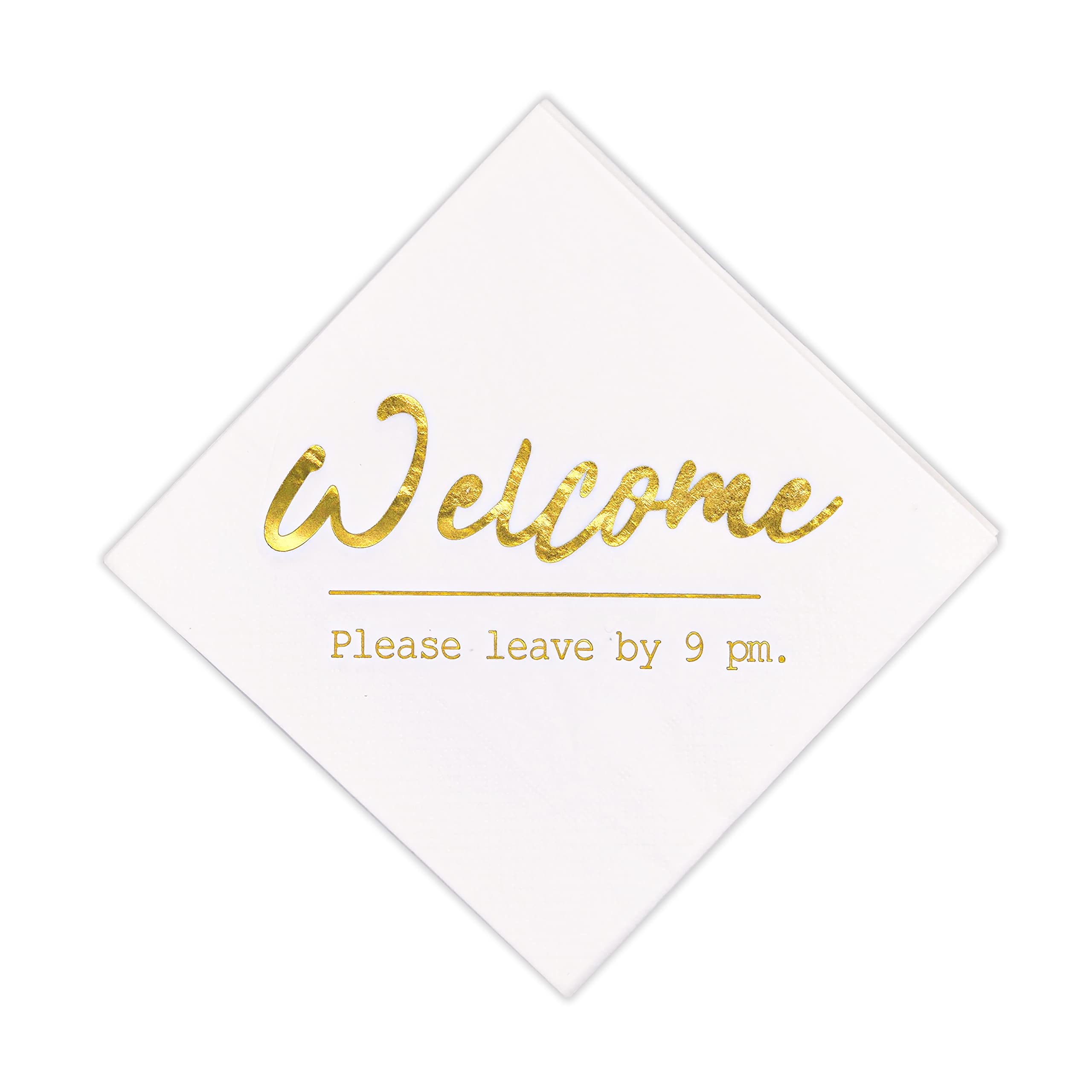 Funny Cocktail Napkins - 'Welcome Please Leave by 9PM' - 20pc, 6.5''×6.5'', Bachelorette Party, Bar, Wedding & Birthday Party Supplies - Gold Printed Paper Napkins for Drinks & Appetizers