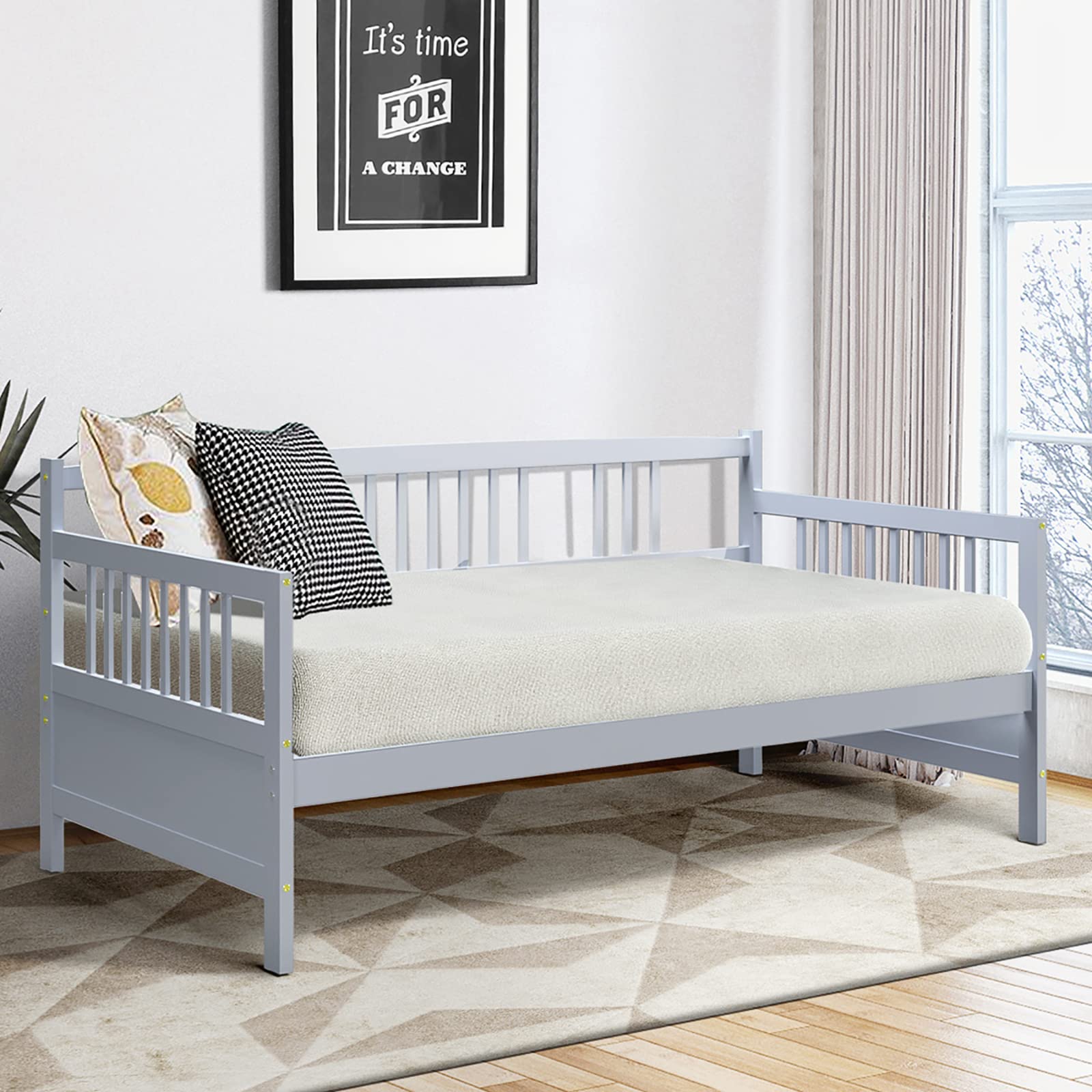 KOTEK Twin Daybed Frame with Rails - Solid Wood Sofa Bed for Guest Room, Living Room & Bedroom - Grey Platform Bed Frame for Small Spaces & Sleepovers