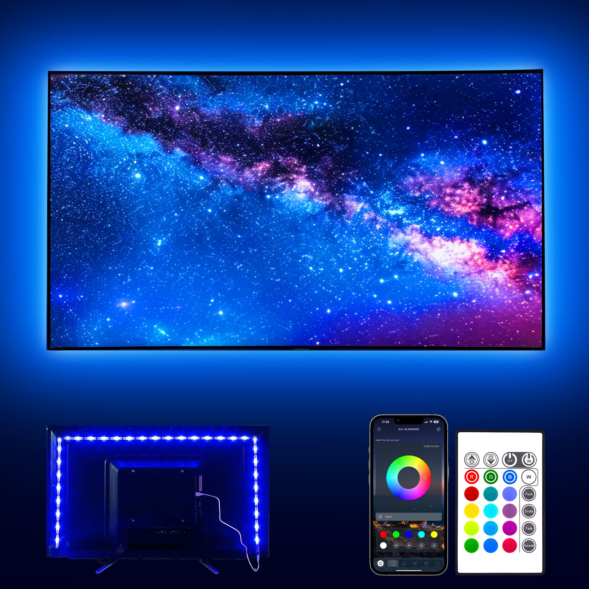 PANGTON VILLA 14.3ft USB LED TV Backlight Strip Lights for 65-75 inch HDTV, RGB 5050 LED Beads with 24-Key Remote (16 Color Changing) - Perfect for Home Theater, Gaming Setup & Ambient Lighting