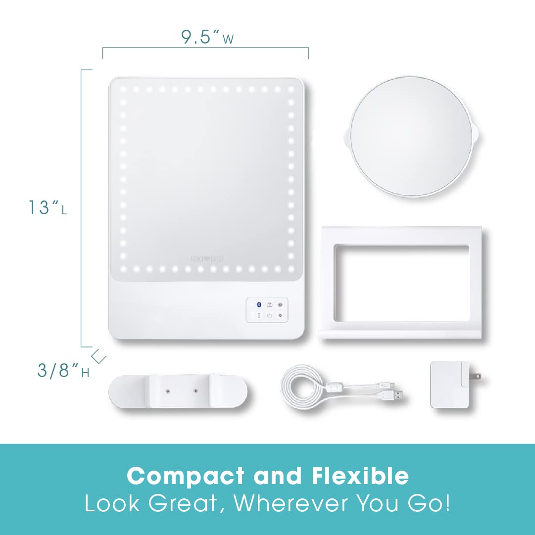 RIKI LOVES RIKI LED Vanity Mirror with Lights & Bluetooth - Portable Lighted Makeup Mirror with 10X Magnification, Adjustable Stand & Phone Holder | 5 Brightness Levels, HD Daylight Lighting for Makeup Application, Skincare & Hair Styling at Home or Travel