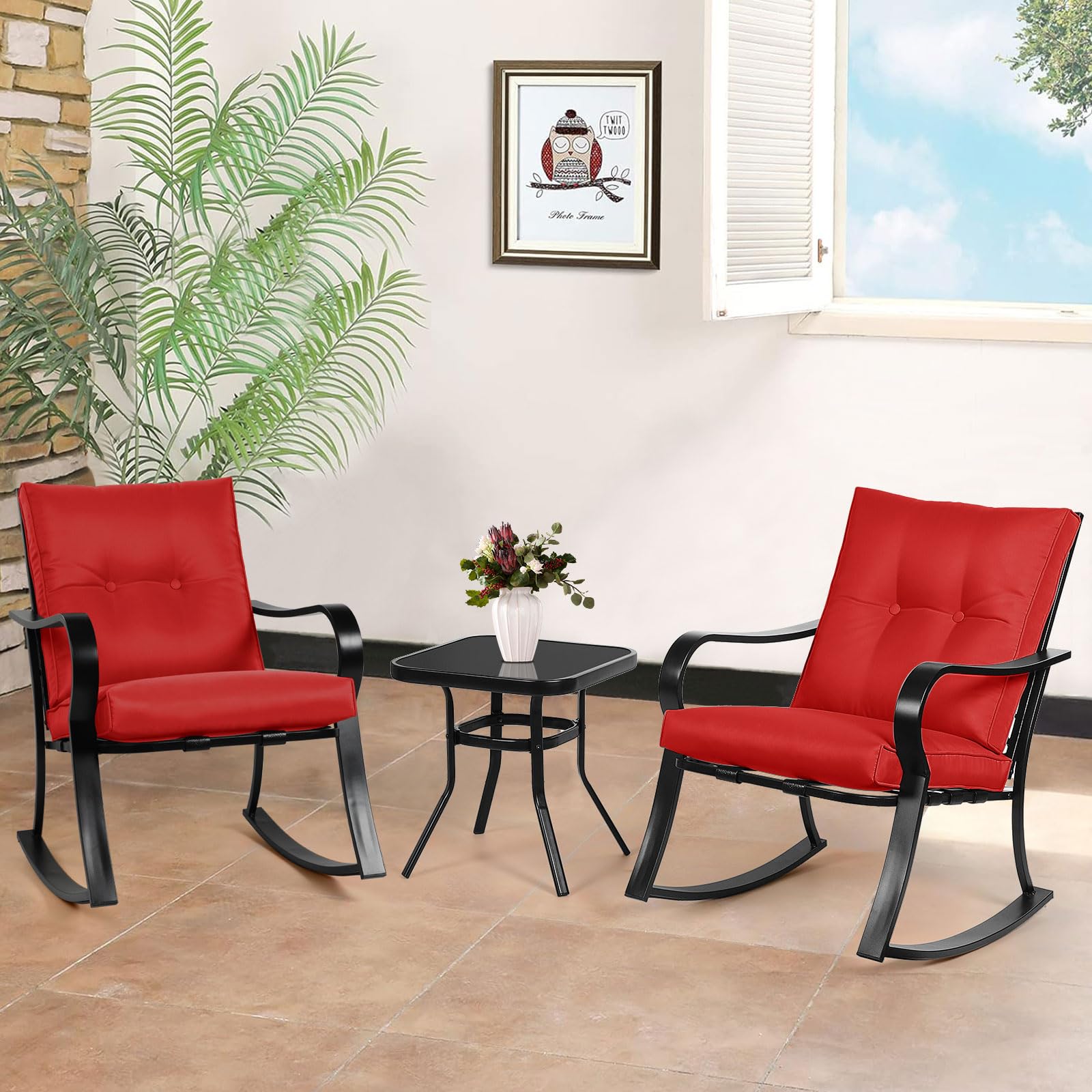 **Crownland 3-Piece Outdoor Rocking Chair Patio Set with Bistro Table & Glass Coffee Table - Black Iron Frame with Thickened Cushions (Red) - Perfect for Garden, Backyard, Porch & Poolside Relaxation**