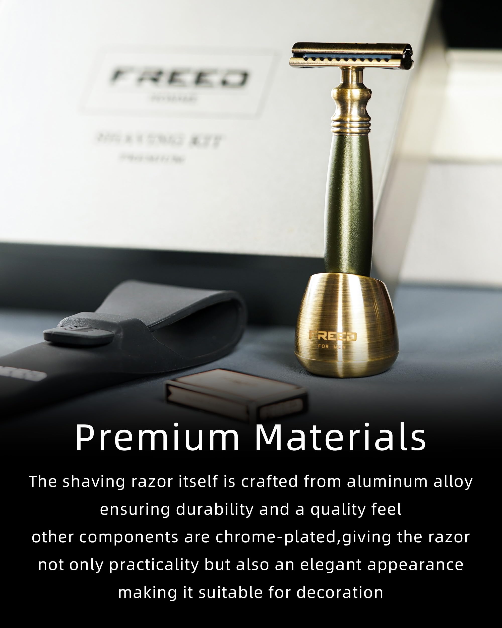 Premium Bronze Series Personalized Men's Shaving Kit - Engraved Safety Razor with Metal Handle, Travel Case, Stand & 10 Blades | Perfect Gift for Father's Day, Birthday & Anniversary | Home & Travel Grooming Essential (Green)