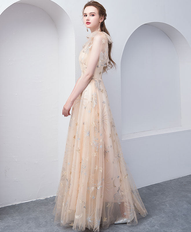 Elegant Champagne Tulle V-Neck Long Prom Dress & Evening Gown for Formal Events, Weddings, and Special Occasions