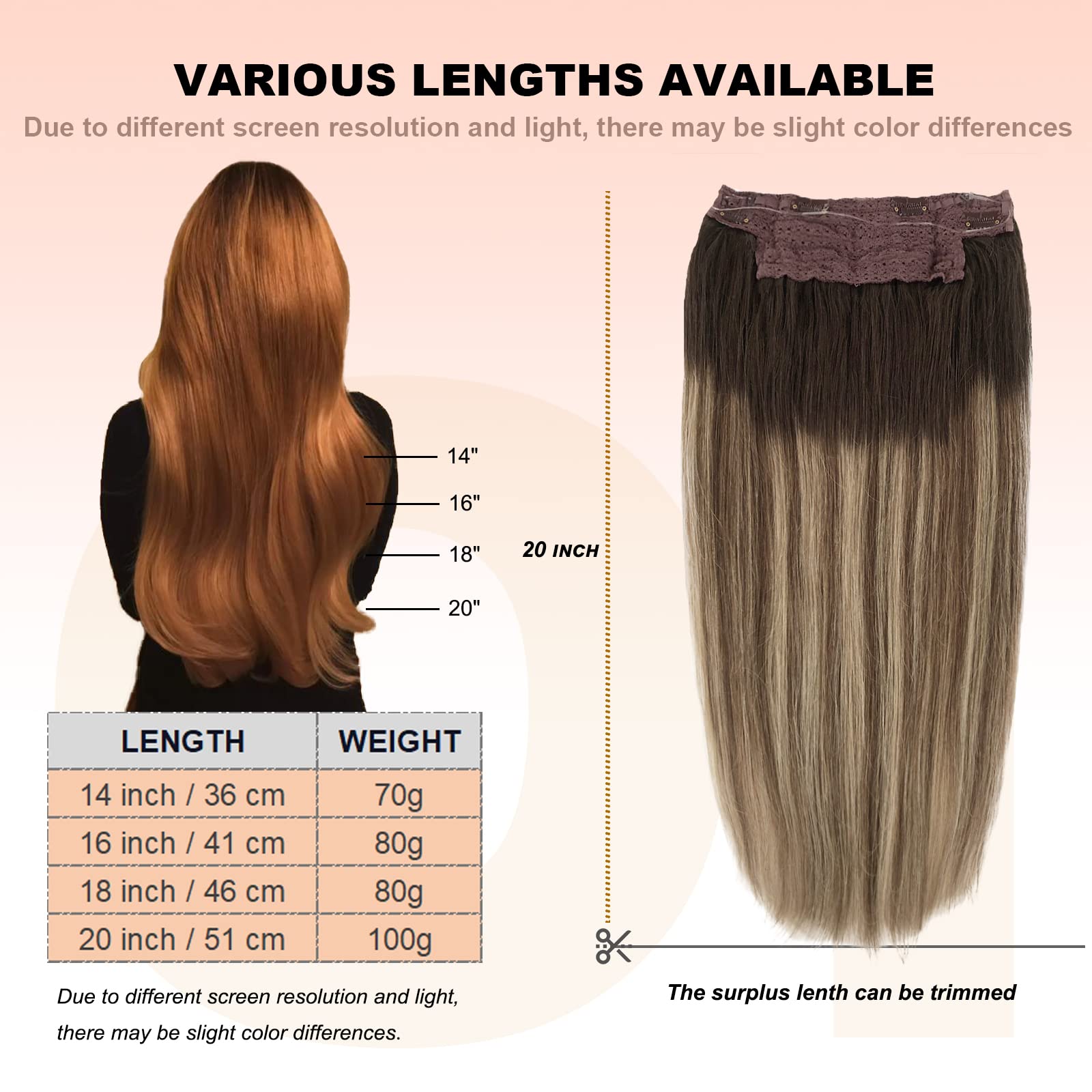 OiMiGO 20 Inch Human Hair Extensions with Invisible Fish Wire - Adjustable Size 100g (Brown Roots to Chocolate Brown Mix Beige Blonde Highlights) for Natural Volume & Length - Perfect for Parties, Weddings & Daily Styling