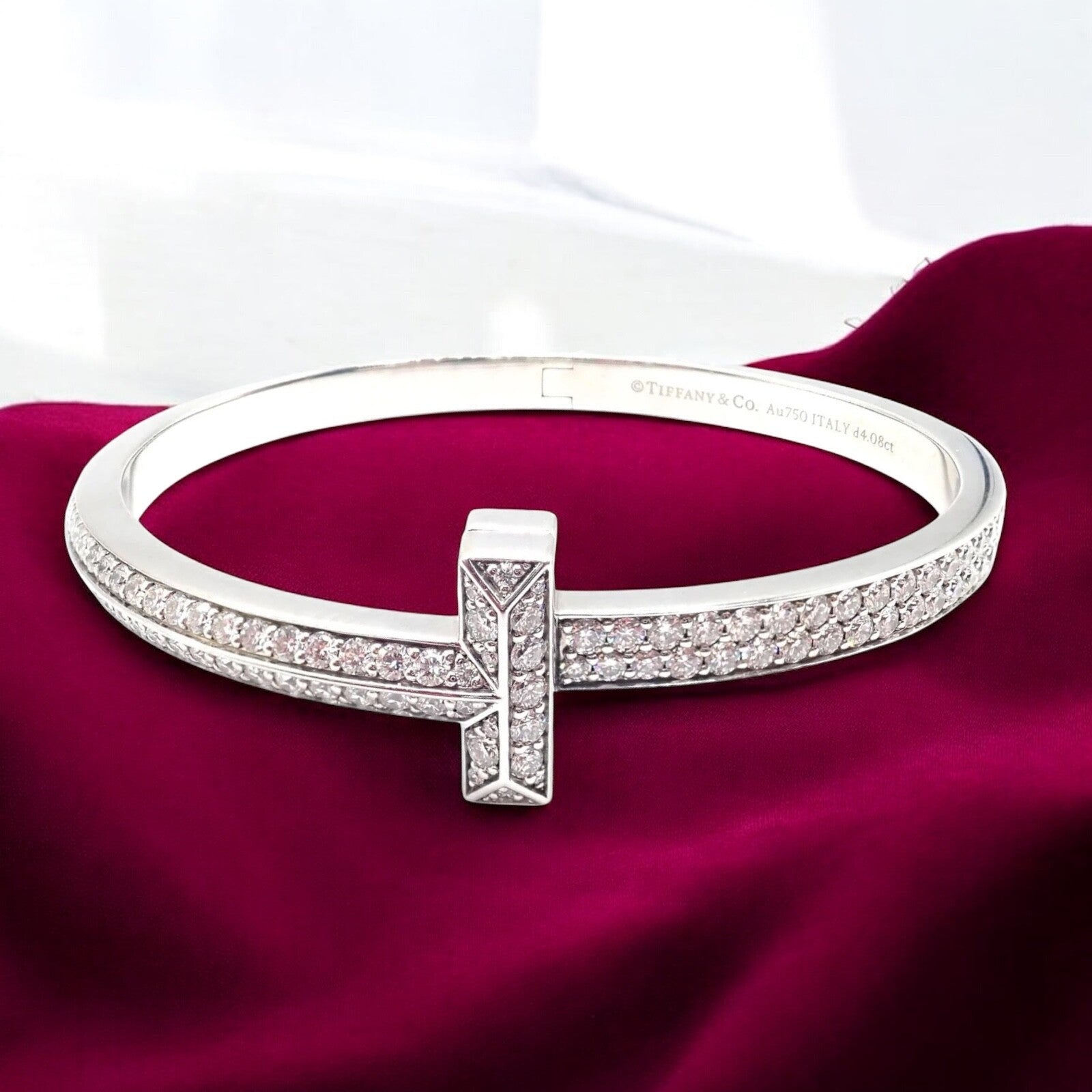 Authentic Tiffany & Co 18k White Gold Diamond T1 Wide Hinged Bangle Bracelet - Luxury Jewelry for Women, Perfect for Weddings, Anniversaries & Special Occasions