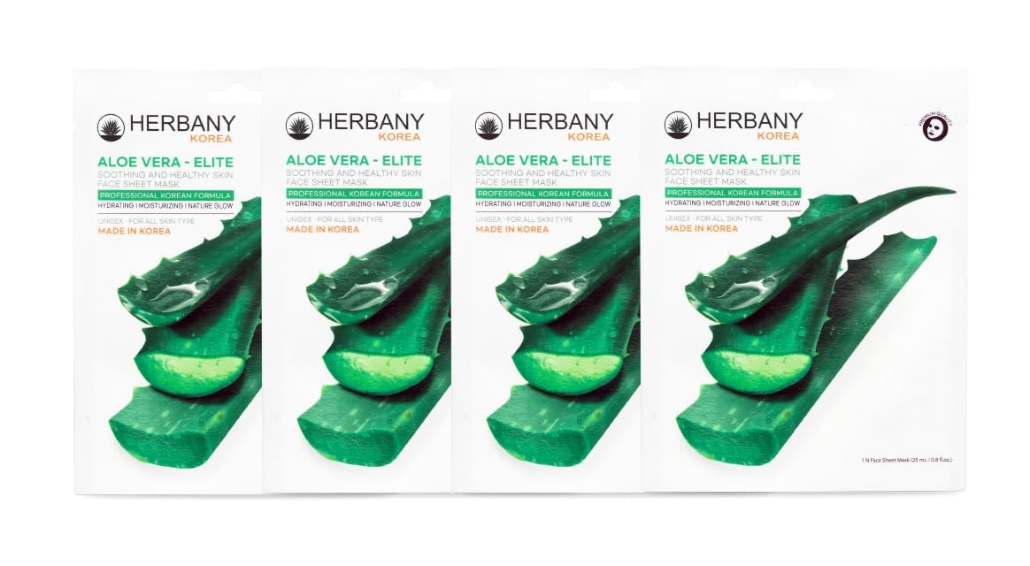 HERBANY KOREA ALOE ELITE Soothing Face Sheet Mask - Korean Skincare for Healthy Skin, 4-Pack (25ml Each) | Hydrating & Calming Treatment for Dry, Sensitive Skin - Perfect for Daily Use & Spa Nights