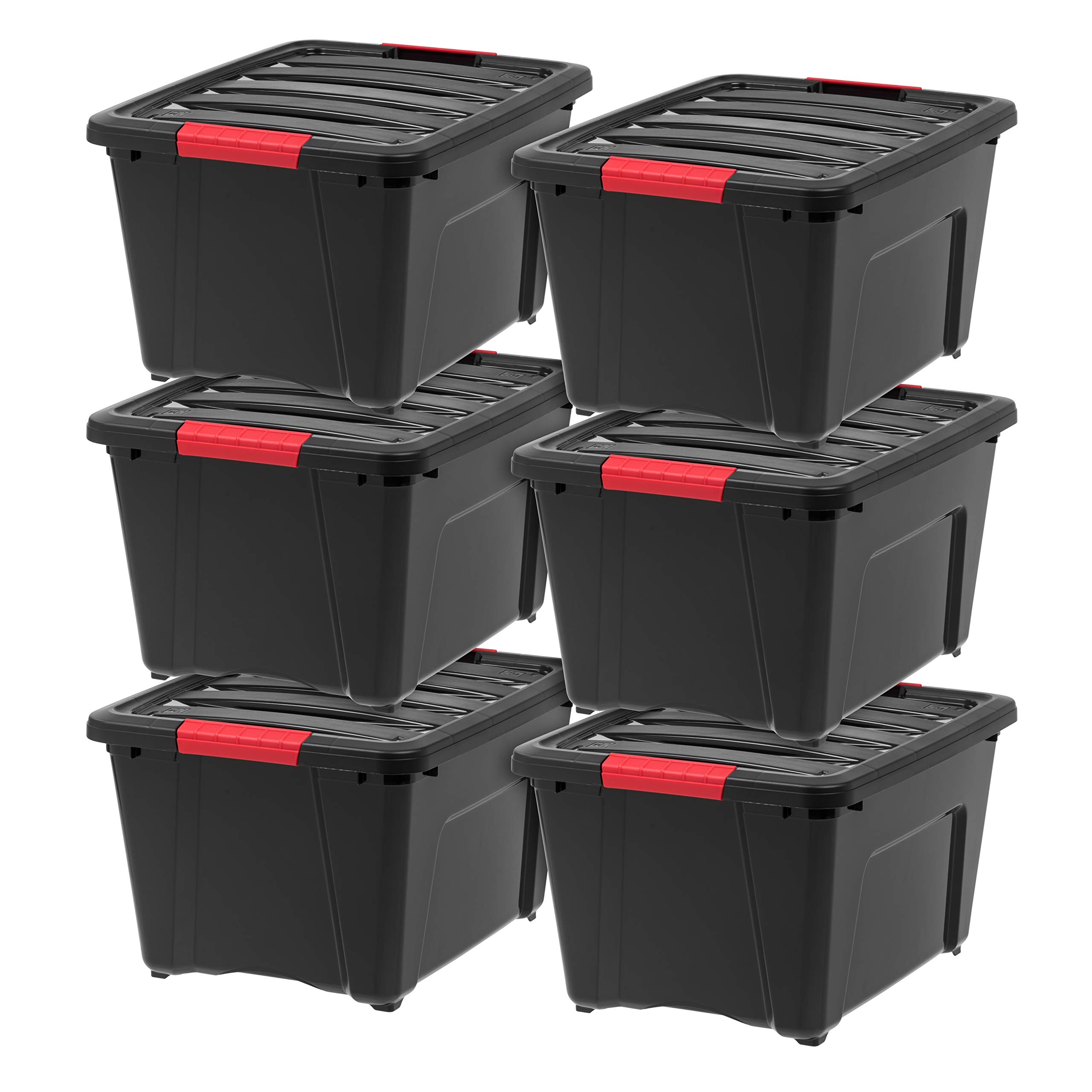 IRIS USA 32 Qt Stackable Plastic Storage Bins with Lids, 6 Pack - BPA-Free, Made in USA - Durable Nestable Containers for Garage, Closet & Home Organization - Secure Pull Handle & Latches - Black - Perfect for Storing Toys, Tools & Seasonal Items