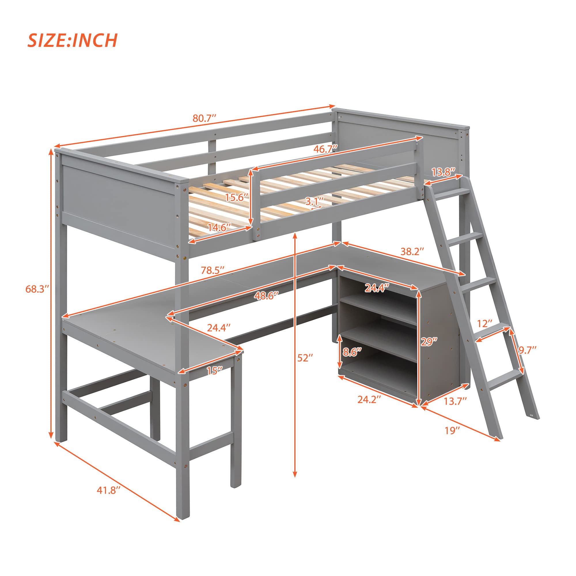 SOFTSEA Twin Loft Bed with Built-in Desk & Storage Shelves - Sturdy Wooden Bunk Bed Frame for Kids, Teens, Boys & Girls - Space-Saving Dorm Furniture in Modern Gray - Perfect for Small Bedrooms, Studio Apartments & College Dorms