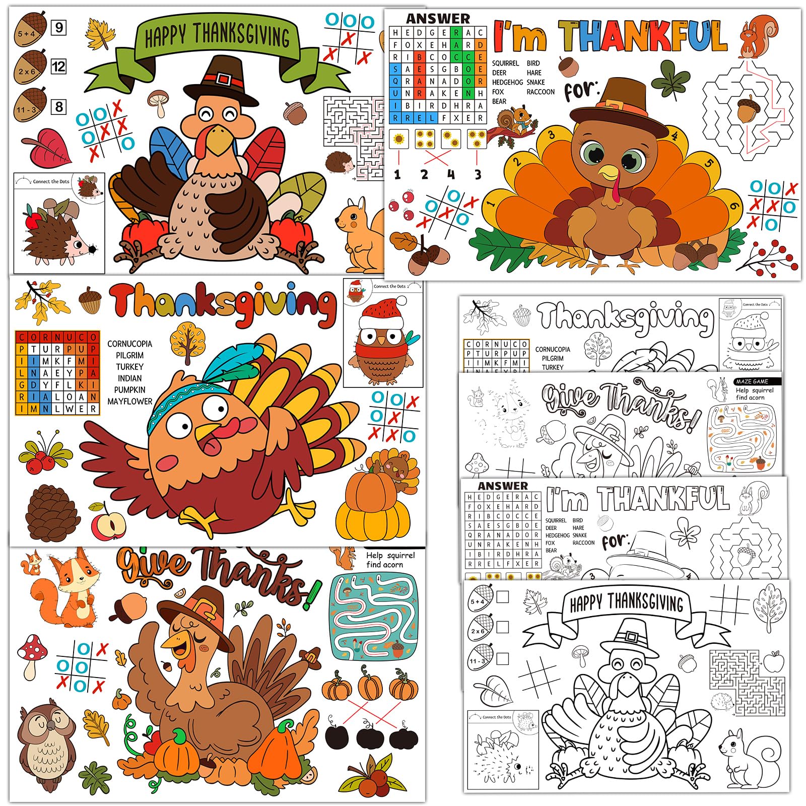 24 Pack Thanksgiving Coloring Paper Placemats - Turkey Themed DIY Craft Place Mats for Kids & Adults - Perfect for Holiday Dinners, Classroom Activities & Family Gatherings