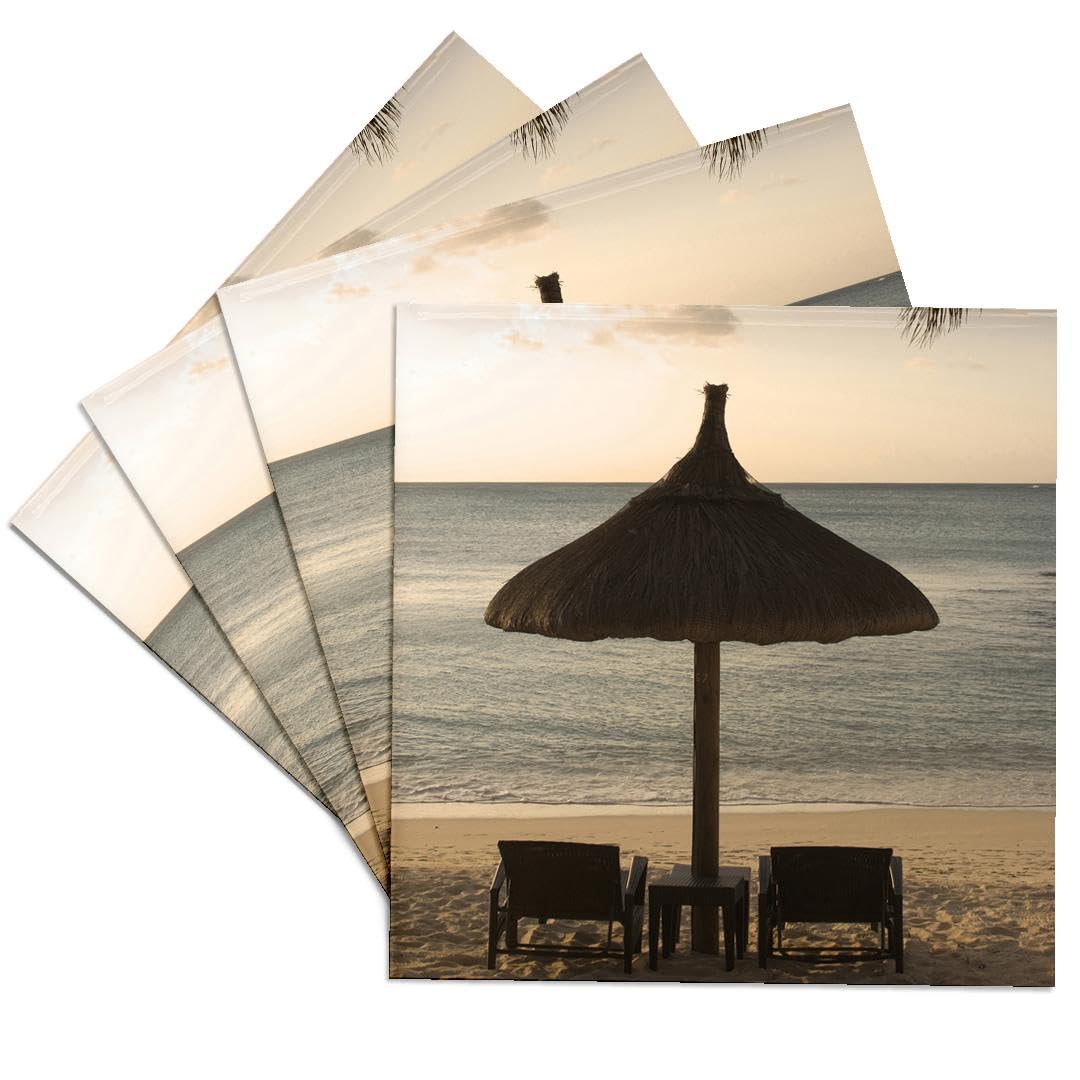 Peter Skinner Mauritius Beach Scene Ceramic Tile Coasters - Set of 4 with Umbrella, Chairs & Palm Fronds Design - Perfect for Home Decor, Coffee Table Protection & Gift Giving