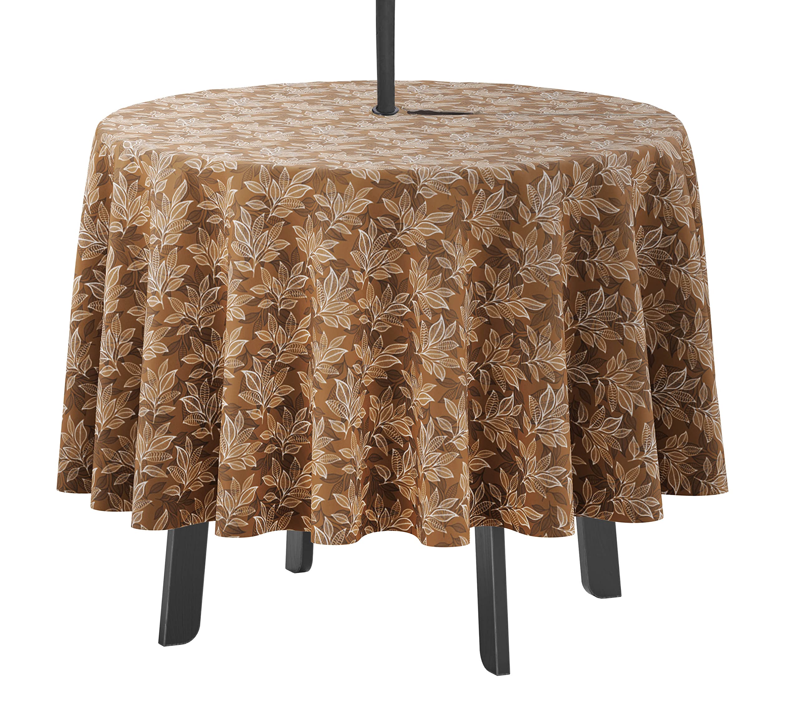 58 Inch Waterproof Round Tablecloth with Umbrella Hole & Zip - Indoor/Outdoor Patio Dining Table Cover for Backyard, Picnic, BBQ - Light Brown