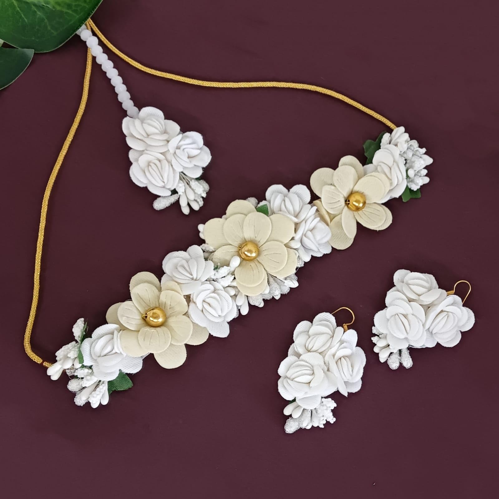 Efulgenz Handmade Indian Haldi Jewelry Set - Floral Choker Necklace, Earrings & Maang Tikka for Women | Wedding, Haldi & Mehendi Ceremonies | Perfect for Bridal Accessories, Cultural Events and Festive Occasions