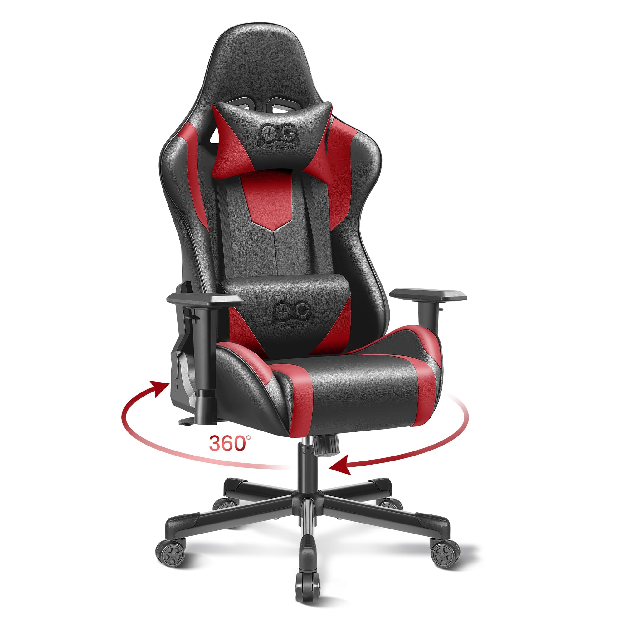 OneGame Ergonomic Gaming Chair - High Back PU Leather Office Chair with 155° Adjustable Recline, Lumbar Support & Swivel Base (Black/Red) - Perfect for PC Gaming, Home Office & Workstations