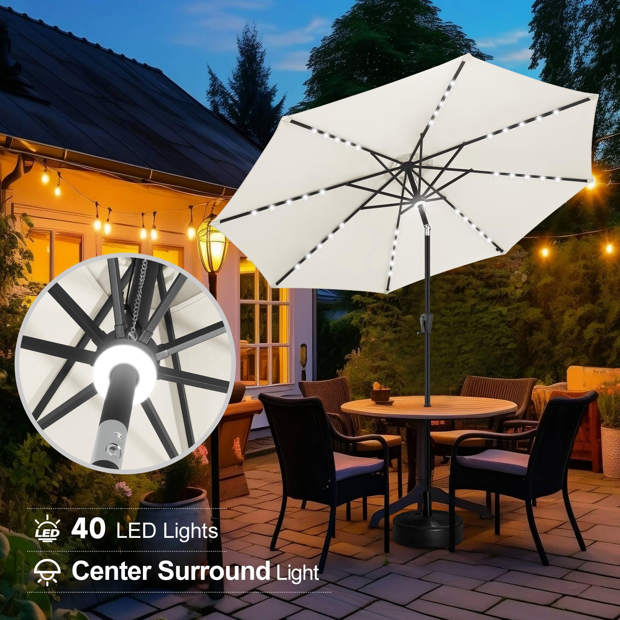 FLAME&SHADE 9 ft Solar Powered LED Patio Umbrella with Tilt - Waterproof Outdoor Market Umbrella for Pool, Garden, Deck - Ivory Sun Shade with Auto Lights for Evening Dining